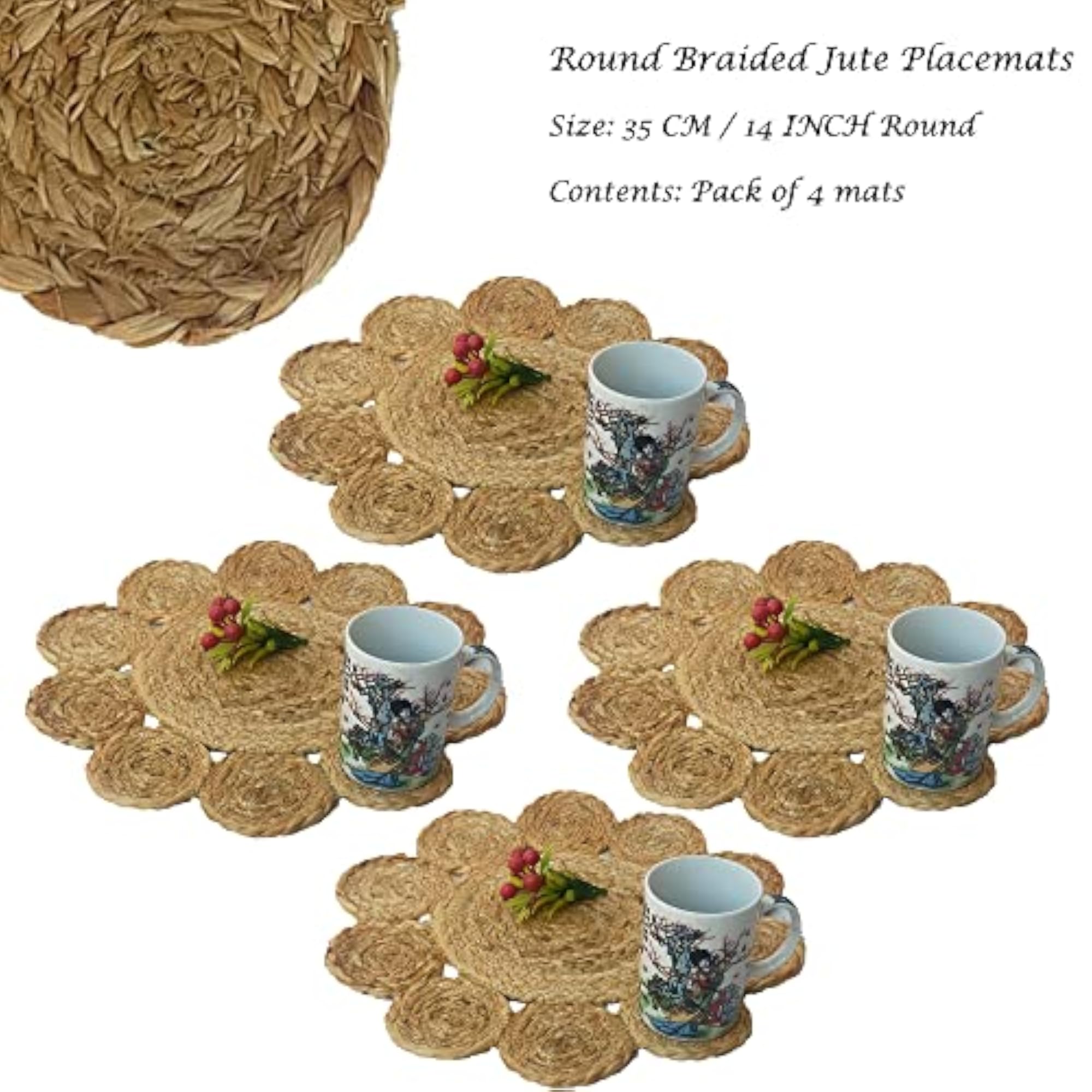 Comforts Round Braided Jute Placemats, Set of 4 for Dining