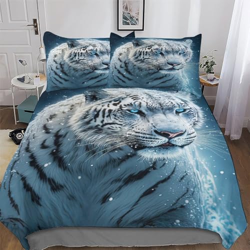 Housse de couette tigre blanc 3D parure de lit microfibre douce avec fermeture éclair 200x200