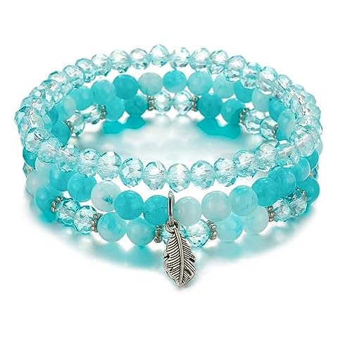 Noessla Stackable Crystal Beaded Bracelets for Women Boho Multi Layer Stretch Bracelets Natural Stone Bead Bracelet with Leaf Charm Jewelry for Women(Turquoise) Cover