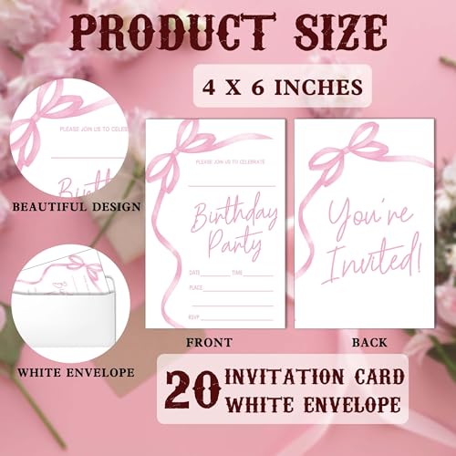image for SIXEIGHT Pink Bow Birthday Invitations, Pink Ribbon Bow Birthday Party