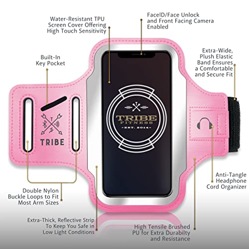 TRIBE Running Phone Holder Armband. iPhone & Galaxy Cell Phone Sports Arm Bands for Women, Men, Runners, Jogging, Walking, Exercise & Gym Workout. Fits All Smartphones. Adjustable Strap, CC/Key Pocket