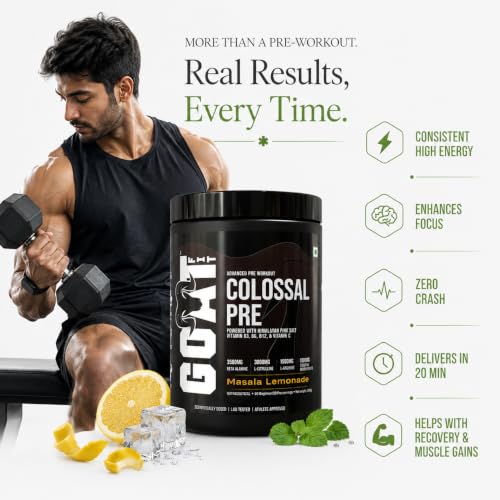 Image of GOAT Fit Colossal Pre | PreWorkout Powder 200mg Caffeine 3.5g Beta-Alanine 3g Citrulline 1.5g Arginine 1g Creatine with Himalayan Pink Salt (180gm - 15 Servings, Masala Lemonade)