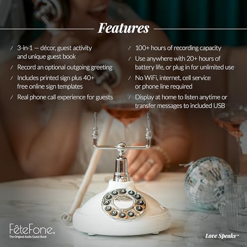 FeteFone The Brittany Vintage Audio Guest Book Phone, Unique Voicemail Message Recorder, Guestbook Alternative for Wedding, Bridal Shower, Birthday Party, Baby Shower, Anniversary, Engagement, White