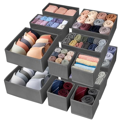 Vivantia 12 Pack Fabric Drawer Organisers for Clothes 3 Sizes Foldable Wardrobe Storage Organiser Bins Underwear Drawer Dividers Clothes Storage Boxes for Socks Ties Shirts Pants, Grey