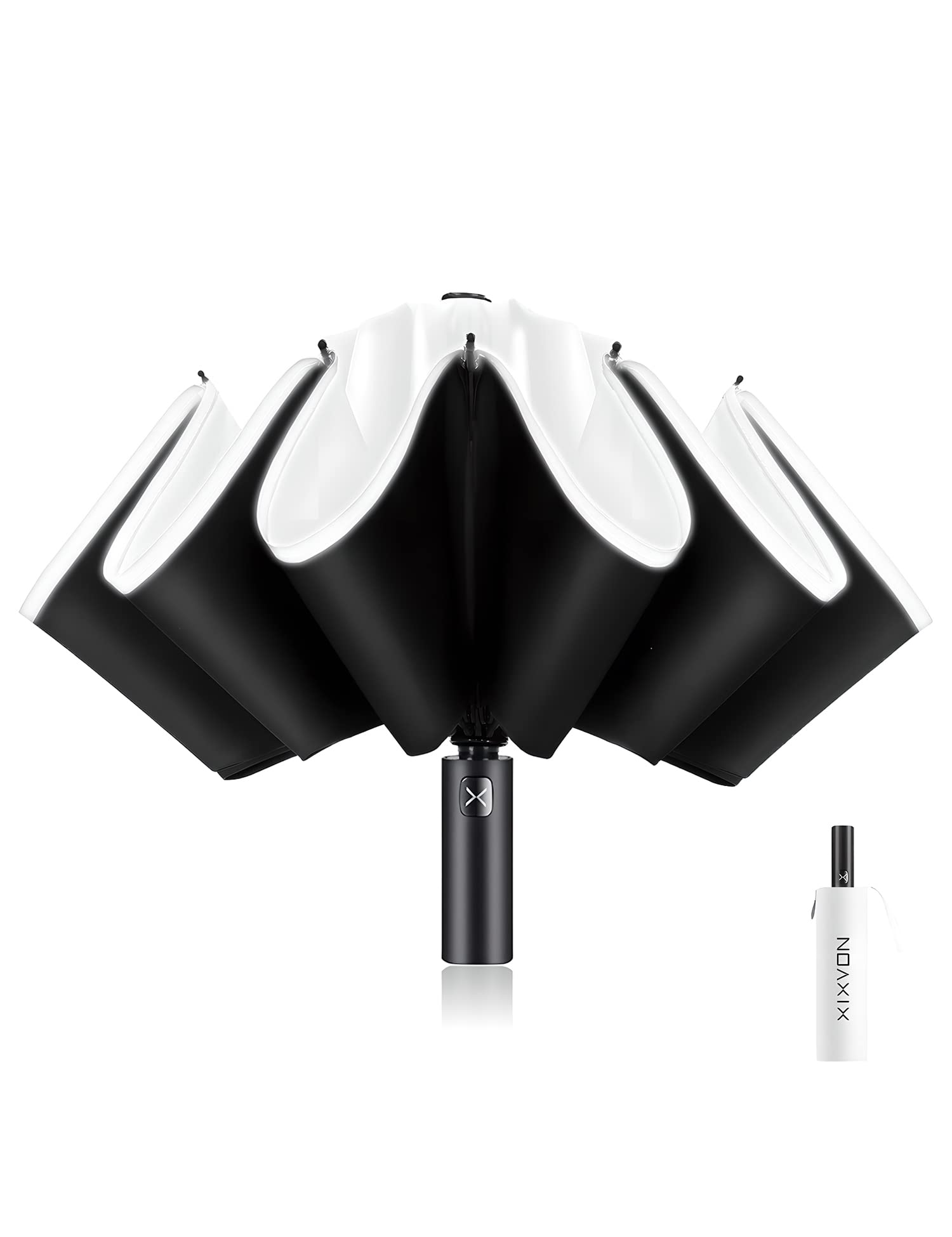 XIXVON Umbrella Pro (10 Ribs, White) | UPF 50+ 99% UV Protection, Reflective Safety Strip, Sturdy Windproof, Travel Portable, Automatic | Reverse Folding Umbrella