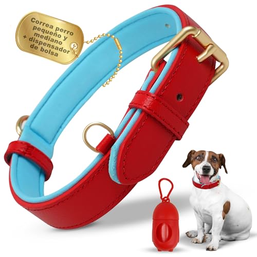 MAHESA® Collar Perro Cuero + Dispensador de Bolsa para Excrementos de Perro| Collar para Perro Pequeño y Mediano, el Mejor Accesorio para Sus Mascotas.