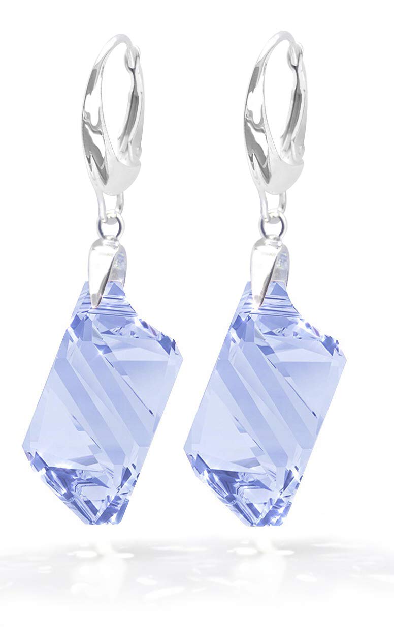 GIFT BOXED! Ah! Jewellery Dazzling Light Sapphire Crystals From Swarovski 22mm Chunky Cubist Earrings. Solid Sterling Silver & Stamped 925. Easy To Use Leverbacks.