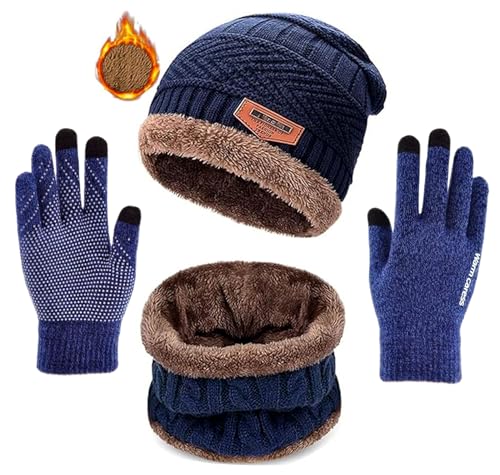 ASYBHYY Gorras Invierno con Bufanda y Guantes Táctiles Antideslizante 3 en 1 de Punto Sombreros Slouchy Calentar Gorro con Forro Polar para Mujeres y Hombres (Azul)