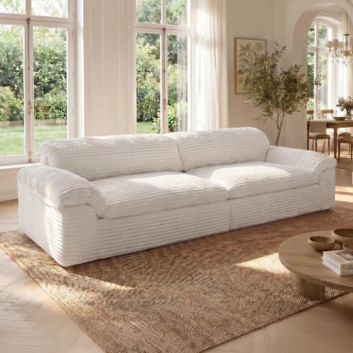 Image of Vesgantti 118 inch Cloud Boneless Couch, 3 Seater Corduroy Sofa, Beige | Modular Sectional Sofa, High-density foam, No assembly required, Curved armrest, Apartment, Bedroom, Deep seat, Pet-friendly