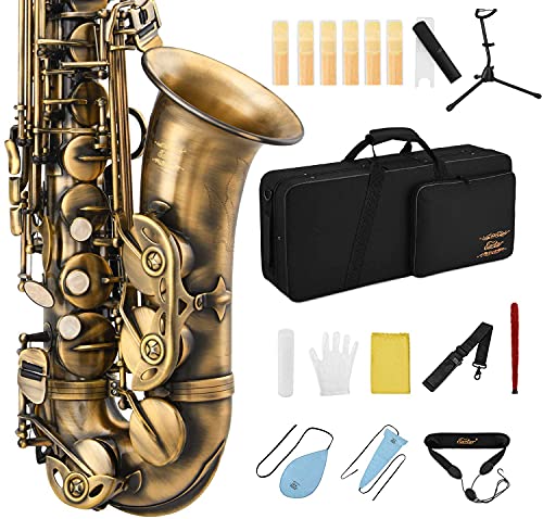 Eastar Alto Saxophone E Flat Student Alto Sax Antique Finish Beginner Alto Saxophone Eb With Cleaning Cloth,Carrying Case,Mouthpiece,Neck Strap,Cork Grease,Reeds,Stand, Bronze, AS-â…¡-Ab