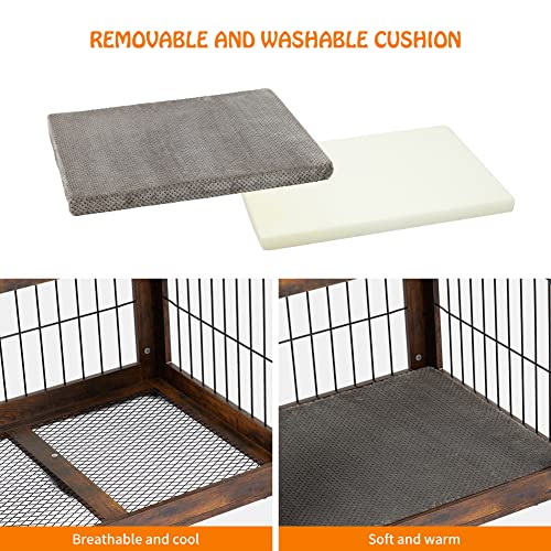 Dog Crate Furniture with Cushion,Wooden Dog Crate Table with 2 Drawers,3-Doors Dog Furniture,Indoor Dog Kennel,Dog House,Dog Cage,Side End Table,Rustic Brown 39.4\" L - Thumbnail 5