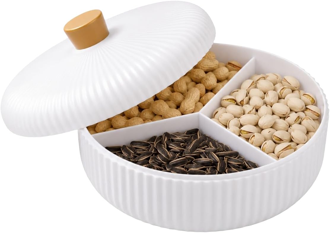 Dependable Industries inc. Essentials 3-Section Ribbed Divided Serving Dish with Lid, White, 8.26 x 5.12 Inch