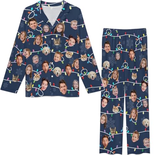 Custom Christmas Pajamas for Women Personalized Funny Xmas Pjs Set with Face VNeck Long Sleeve Shirt Pant Sleepwear2