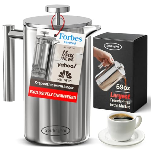 Extra Large Insulated Metal French Press Coffee Maker 59 oz (1.75L), Large Capacity Stainless Steel Big French Press XL, Durable Insulated Mirror Coffee Maker with Double Walled Insulation, Mirror