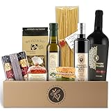 Geschenkkorb Bella Italia gefüllt mit Rotwein und italienischer Feinkost - Präsentkorb mit Olivenöl, Aceto Balsamico, Pasta, Pesto, Tartufini | Wein Geschenk für Männer & Frauen, Pasta Geschenkset