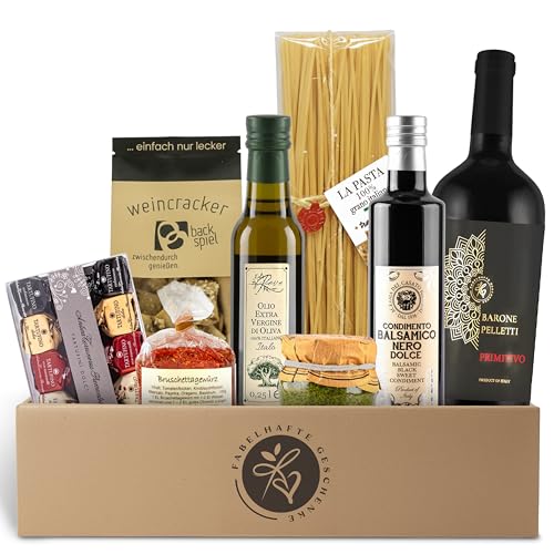 Geschenkkorb Bella Italia gefüllt mit Rotwein und italienischer Feinkost - Präsentkorb mit Olivenöl, Aceto Balsamico, Pasta, Pesto, Tartufini | Wein Geschenk für Männer & Frauen, Pasta Geschenkset