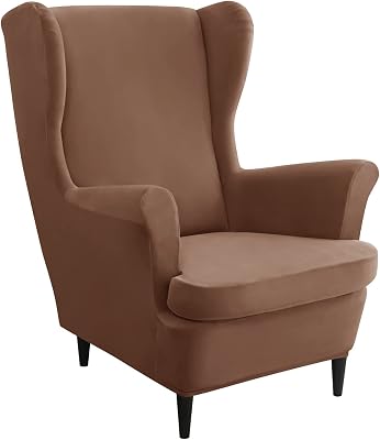 Stretch Wing Chair Slipcover 2 Piece, Wingback Chair Cover Velvet Soft Wingback Chair Slipcover with Elastic Bottom Armchair Chair Slipcovers for Cats Dogs -Deep Coffee-2 Piece