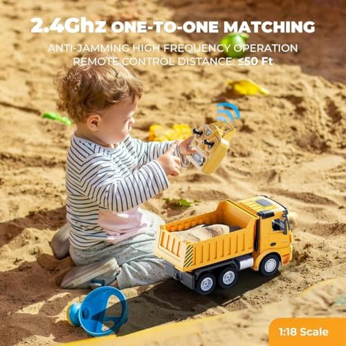 Image of RAMNATH Remote Control Dump Truck Toy for Kids - 2.4GHz 6-Wheel RC Construction Vehicle with Automatic Dumping Action, Realistic Sound & Lights - Heavy Duty Engineering Truck Gift for Kids 3+.(G)