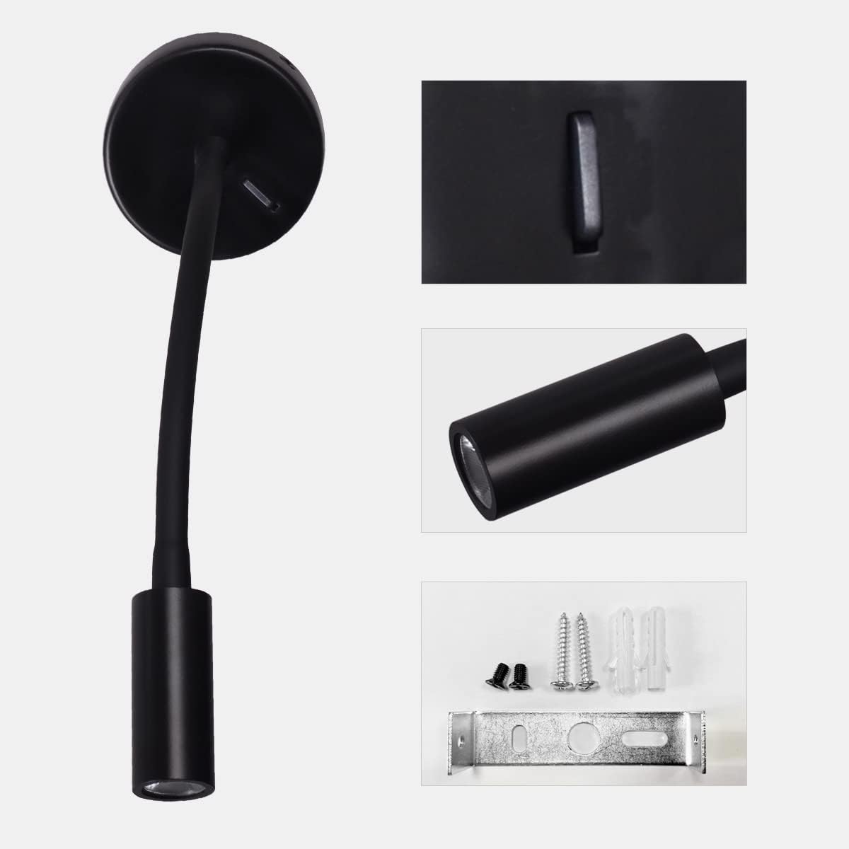 Wall Mounted Reading Lamp LED 3W Warm White 3000K Hardwired for Reading Matt Black(Black Hard-Wired 2PCS)