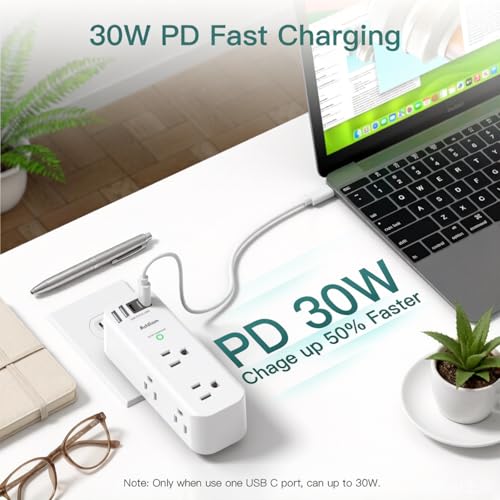 Image of Addtam 30W USB C Outlet Extender Surge Protector, Rotating Plug | 6 AC Outlets Splitter, 4 USB Ports (2 USB-C), 1800J Wall Mount Power Strip, 3-Side Multi Plug for Dorm, Travel Essentials