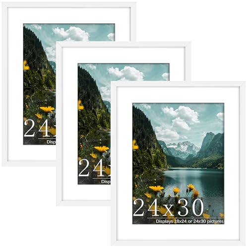 Picrit 24x30 Picture Frame 3 Pack, White Poster Frame, Display Poster 18 x 24 with Mat or 24x30 without Mat for Horizontal or Vertical Wall Mounting