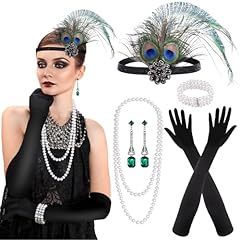 PLULON 7 Pezzi Anni '20 Flapper Great Gatsby Accessori Set Moda Ruggenti Anni '20 Tema Set con Fascia Copricapo Lunghi Guanti Neri Collana Orecchini per Donne (Stile 5)