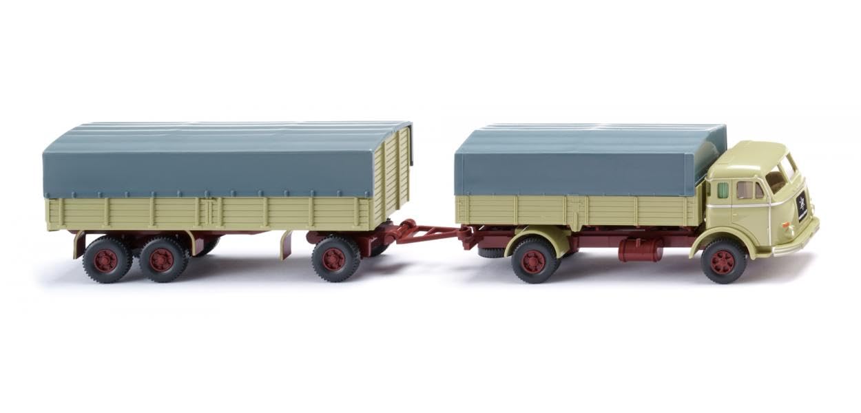 Wiking 041702 H0 Henschel Pritschenhängerzug Henschel grünbeige graue Plane Spur HO 1:87
