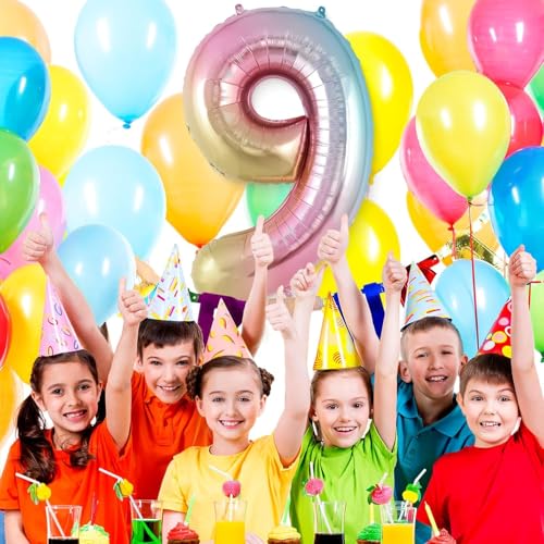 Image of Rozi Decoration 32 Inch Rainbow Number 9 Foil Balloon - Large Metallic Gradient Party Decoration Balloon for Birthday, Anniversary & Events | Easy Inflate & Hang | Reusable Celebration Decor Pack of 1