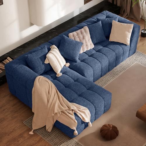 Daluvenix 107" Modern Boneless Couch with L - Shaped Chaise, Comfy Chenille Modular Sectional Sofa with Tufted Design, Deep Seat Upholstered Sofa Bed, No - Assembly Sectional Couch, Blue
