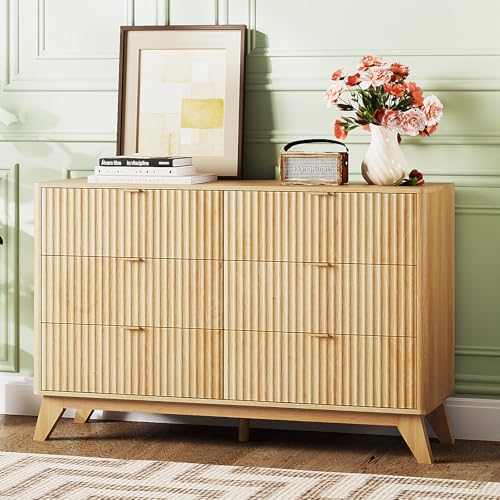 Image of VINGLI Fluted Dresser for Bedroom, 6 Drawer Dresser w /Rounded Edges, Mid Century Modern Dressers Natural Wood Color, 46.8 inch W*15.6 inch D*31 inch H