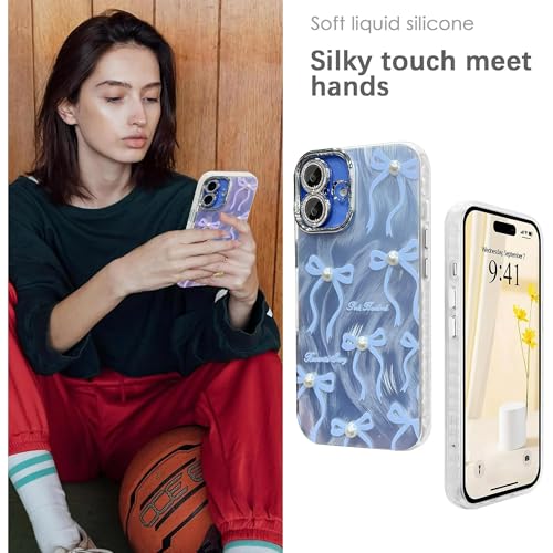 Image of VONZEE Compatible with iPhone 16 6.1'' Case Luxury Pink Girly Cute 3D Bow Pearl Glitter Bling Case with Full Camera Protection Shockproof PC+TPU Glossy Shiny Cover for Girls Women, Blue