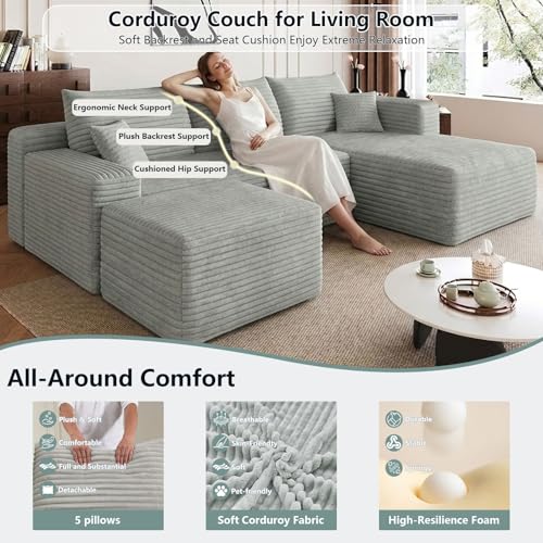 Image of Boneless Cloud Couch Comfy Sectional Couches for Living Room,U Shaped Sofa Couch in a Box with Ottoman Deep Seat Memory Foam Compressed Sofa(Light Gray, 95 inch Right Facing Chaise)