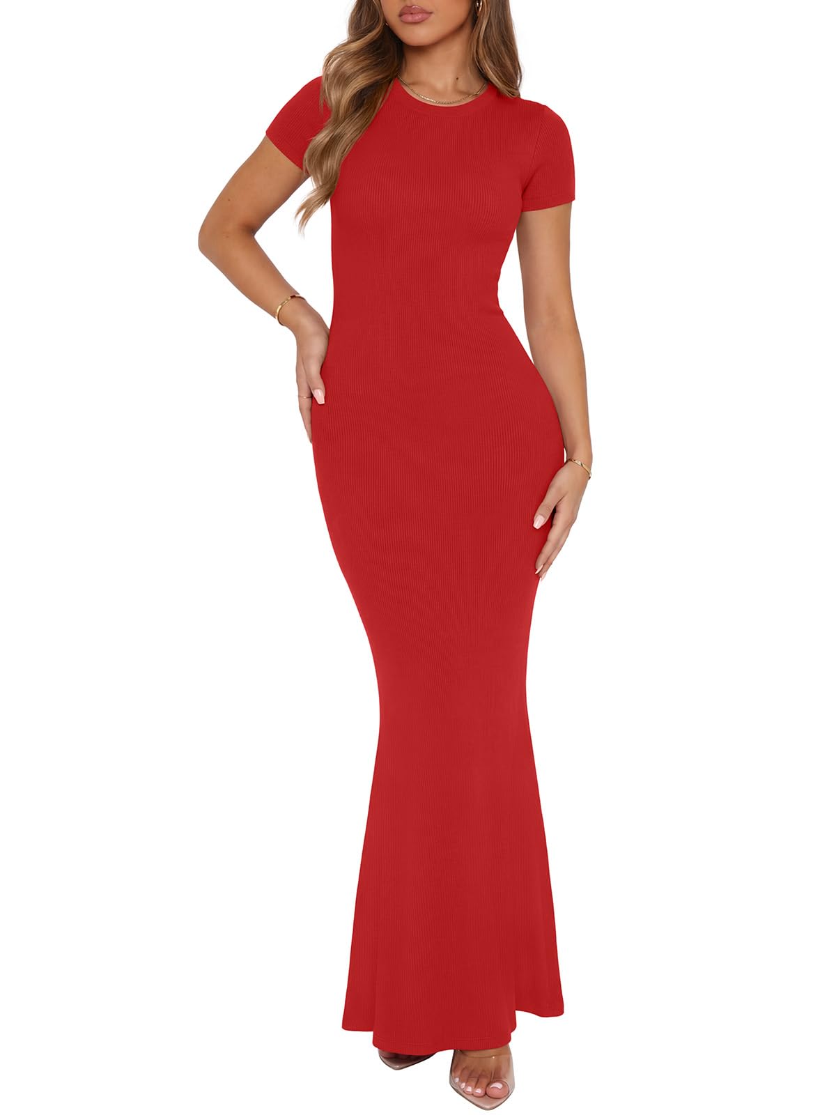 REORIA Damen Sommer Casual Lounge Langes Kleid Elegant Kurzarm Rundhalsausschnitt Figurbetontes Maxikleid