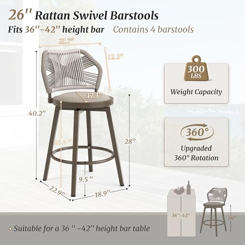 Olefin Rattan 360° Swivel Bar Stools, Set of 4, Boho Patio Kitchen Chairs, Apricot