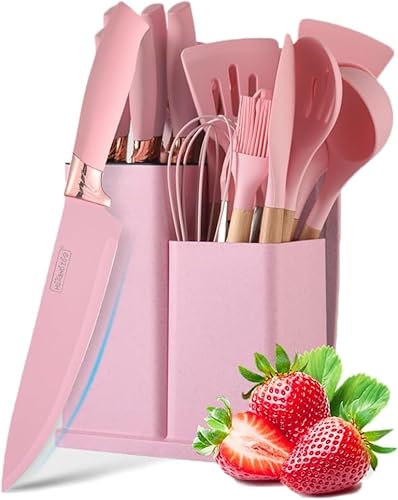 Cooking Utensils Set, Wekity 19 PCS Silicone Kitchen Utensils Set with Holder and Kitchen Knife Set for Cooking, Non-Stick Heat Resistan Kitchen Tools and Gadgets with Wooden Handle (Pink) - Pink