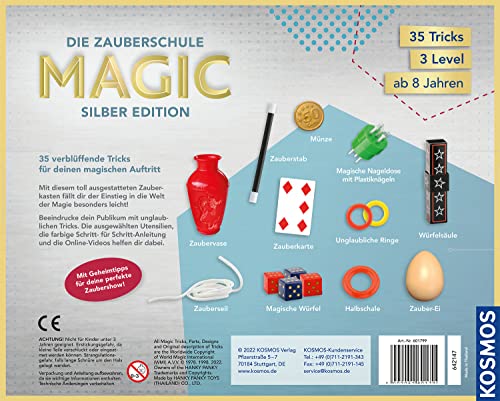 Kosmos 601799 Magic Die Zauberschule - Silber Edition, schnell Zaubern Lernen, 35 Zauber Tricks, viele Zauber Utensilien, Zauberkasten für Kinder ab 8 Jahre und Einsteiger, Magie in 3 Level