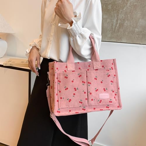 Image of Cherry Tote Bag for Women Canvas Patched Purse Cute Shoulder Bag Multi-Pocket Satchel Handbag for work travel