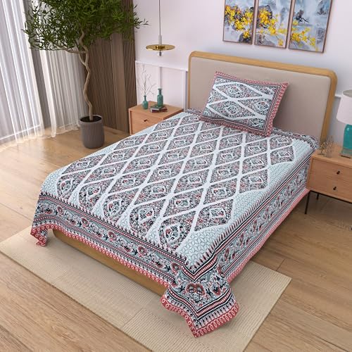 Image of 100% Cotton Single Bedsheet with 1 Pillow Cover | 240 TC Pure Cotton Flat Bed Sheet | Traditional Jaipuri Printed Bedding Set | Soft & Breathable | 60 x 90 Inch (Rangmahal Single 29)