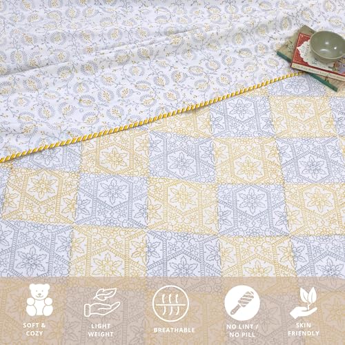 Image of TOAIArt Premium Jaipuri Dohar | AC Blanket Summer Quilt | Hand Block Printed | 3 Layers | Reversible | 150GSM 100% Mulmul Cotton | 100% Cotton Flannel Filling | Single 60 inch X 90 inch |Yellow Grey Jharokha