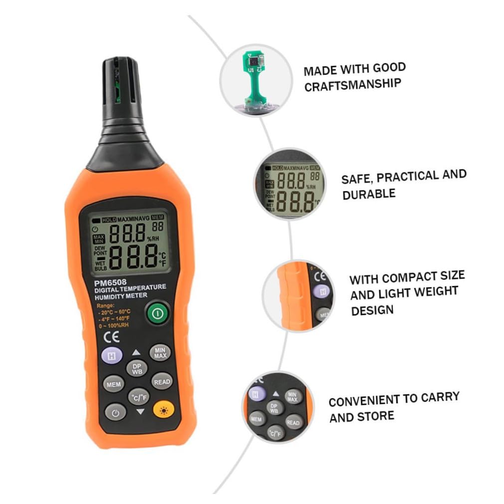 Pm6508 Temperatur und Feuchtigkeitsmesser für Industrie, 1 Satz | Abs und Tpe, ohne Batterie, für Lagerräume und Labore, Schnelle Messung mit Leichter Bauweise