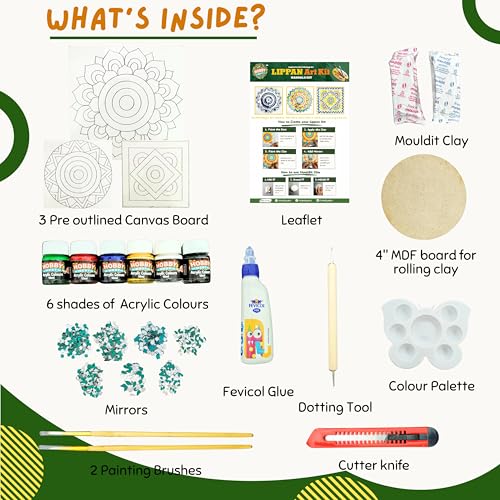 Image of HobbyNest DIY Lippan Art Kit - Mandala Design | 3 Pre-Outlined Canvas Boards | Complete Mud Mirror Craft Kit | Hobby Kit for Beginners | Wall Decor | Gift (Mandala Set)