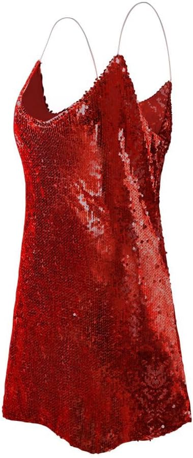 Women Sequin Sparkly Glitter Dress Sexy Sleeveless Backless V-Neck Cocktail Bodycon Party Clubwear Mini Dress 2XL Red - Image 5