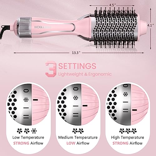 Dual Voltage Hair Dryer Brush, Pritech Hot Air Brush, Ionic 1000W Blow Dryer Brush 4 In 1 Styler, One Step Volumizer, Rotating Styling Brush With Ceramic Coating For Straight And Curling Hair Salon #TOP2