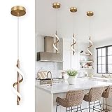 CANEOE Gold Pendant Light, Spiral Modern Led Pendant Lighting for Kitchen Island, 5500K Brushed Brass Ceiling Hanging Light Fixture for Dining Room Bedroom Sink Table Small Pendant Lights
