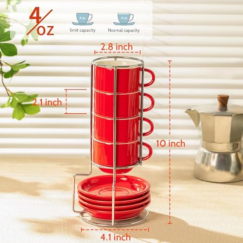 Image of Sweese 4 Ounce Porcelain Stackable Espresso Cups with Saucers and Metal Stand Set of 4, Red