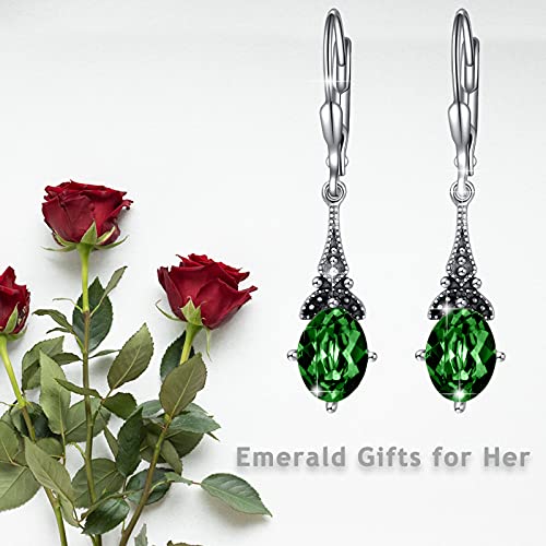 Vintage Leverback Emerald Green May Birthstone Earrings Sterling Silver Retro Drop Dangle Earrings With Oval Crystal From Austria, Birthday Christmas Jewelry Gifts For Women Girls #TOP3