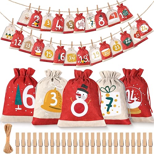 Dwelilin Adventskalender zum Befüllen 2023 für Kinder Frauen Männer, 18x13 cm Groß Weihnachtskalender Selber 24 Stoffbeutel, Tüten Säckchen DIY Weihnachtsdeko, Rot&Leinen Farbe