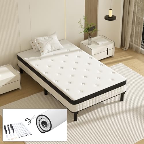 TEENO Ensemble Matelas et Sommier 90x190cm,Matelas à Ressorts ensachés et Robuste Cadre de lit en Fer avec 6 Pieds, Lit Complet, épaisseur 18cm,Anti - acariens et...