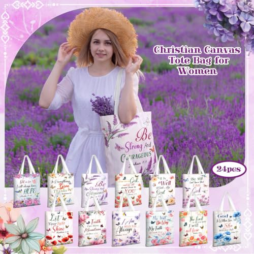 Image of Paterr 24 Pcs Christian Canvas Tote Bags for Women Gifts Religious Gift Bag | Back to School Tote Bags with Handles, Reusable Bible Verse Gift Bags, Inspirational Floral Handbag, for Teacher Church Party