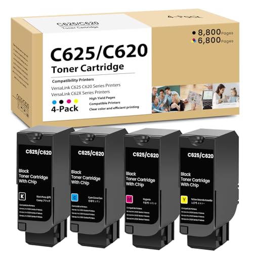 VersaLink C620 C625 Toner Cartridge (New Chip) Repalcement for Xerox VersaLink C620 Toner Cartridge 006R04616 006R04617 006R04618 006R04619 for VersaLink C625/DN C620/DN C62X Printer, 4 Pack C625 Ink